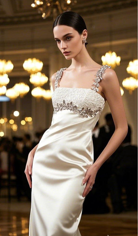 White satin dress---lace on the chest and diamond flowers on the shoulder straps